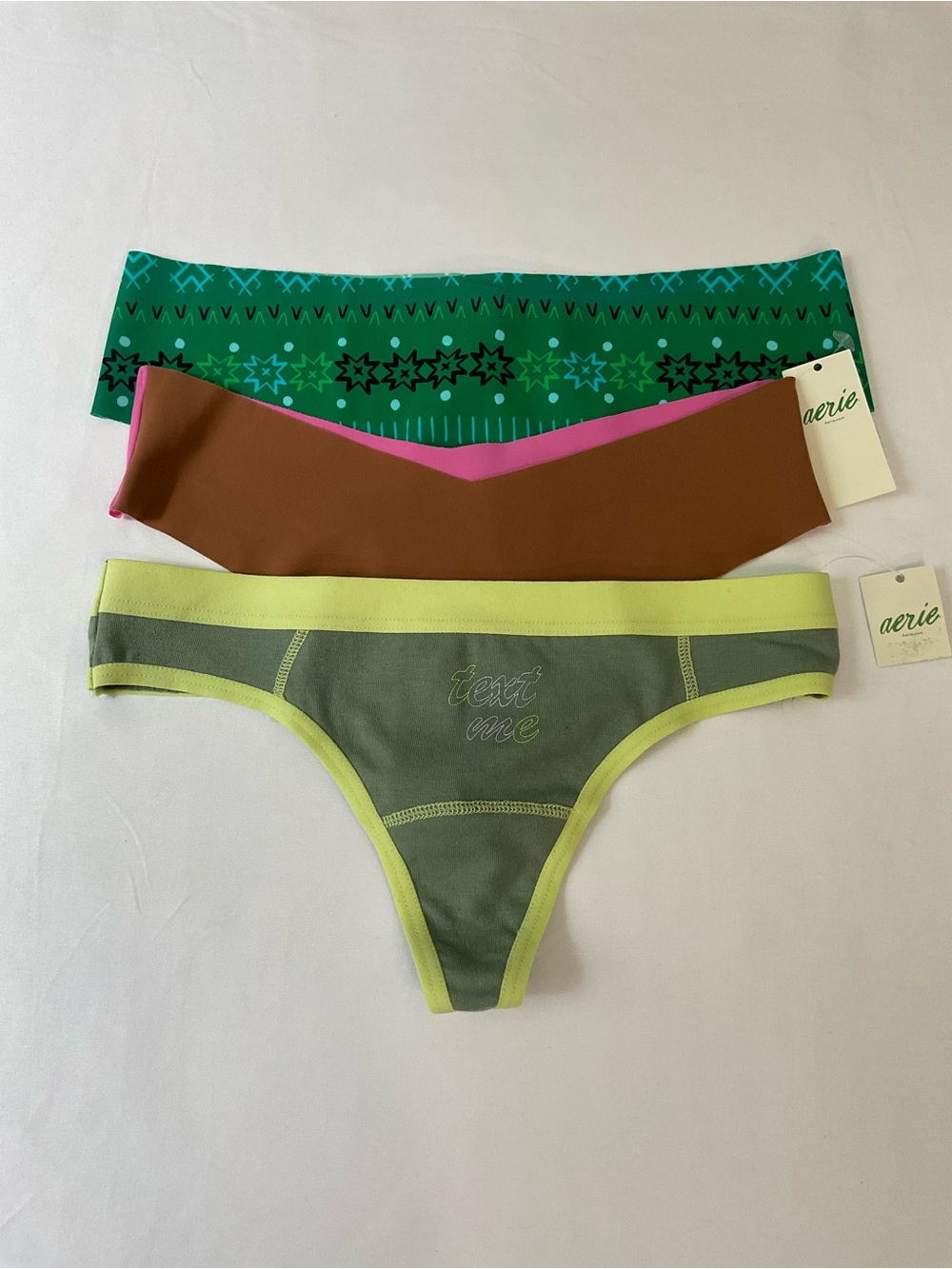 aerie Women’s 3-Pack Seamless Thong Set - Green, Brown, Lime/Green size XS
